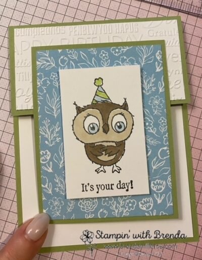 Adorable Owls birthday owl on Balmy Blue DSP and embossed topper, fun fold card