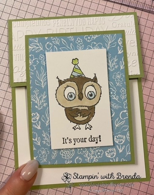 Adorable Owls birthday owl on Balmy Blue DSP and embossed topper, fun fold card
