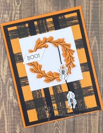 Pumpkin Pie card with black & orange plaid DSP and orange/black wreath with Boo and spiders stamped and die cut with Cottage Wreaths from Stampin' Up!