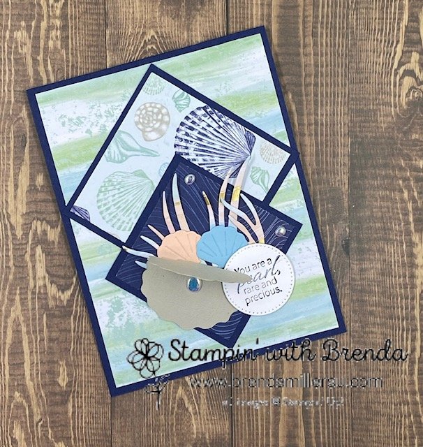 By the Bay suite card with DSP, flat pearls and shell and grass die cuts