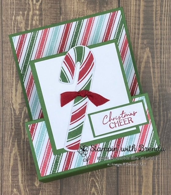 Garden Green double box fold card with Sweetest Christmas DSp strips and a candy cane with Christmas Cheer sentiment, side view