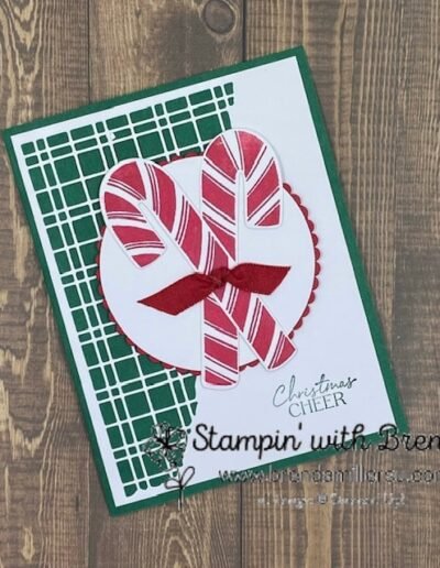 Candy Canes on a Shaded Spruce and white background with a ribbon and Christmas Cheer sentiment
