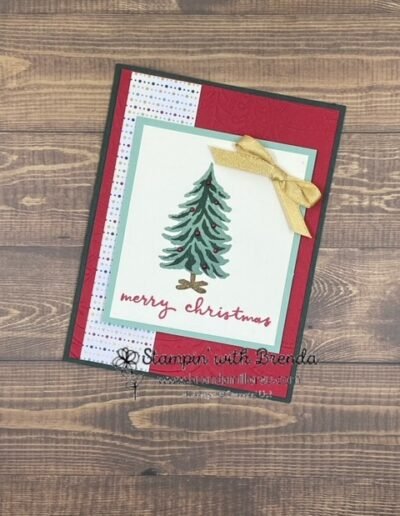 Green and red Christmas card with tree with red textured dots and strip of Lights Aglow DSP with gold ribbon bow