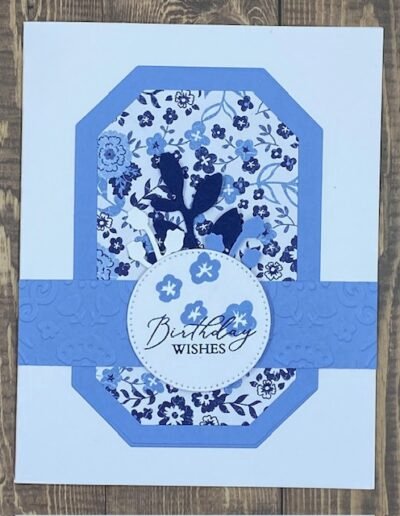 Countryside Inn suite patterned papers DSP, embossing folder and bough punched leaves in shades of blue and white with a birthday wishes sentiment