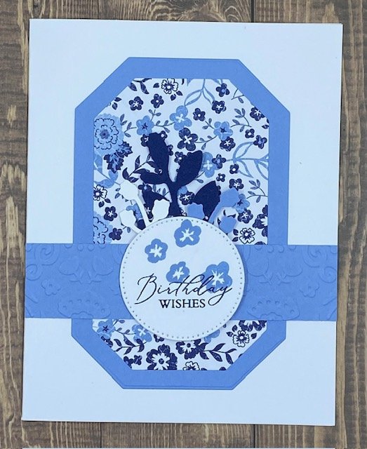 Countryside Inn suite patterned papers DSP, embossing folder and bough punched leaves in shades of blue and white with a birthday wishes sentiment