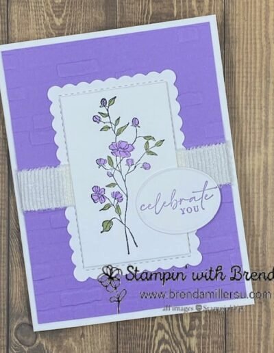 Dainty Delight card stamped and colored with Highland Heather and Mossy Meadow, layered with Highland Heather c/s and wrapped with white ribbon