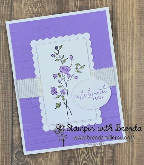 Dainty Delight card stamped and colored with Highland Heather and Mossy Meadow, layered with Highland Heather c/s and wrapped with white ribbon