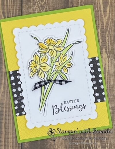 Green and yellow card with black and white polka dot strip and daffodil daydream stamp with Easter Blessings sentiment