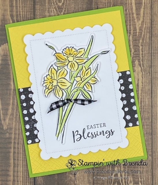 Green and yellow card with black and white polka dot strip and daffodil daydream stamp with Easter Blessings sentiment