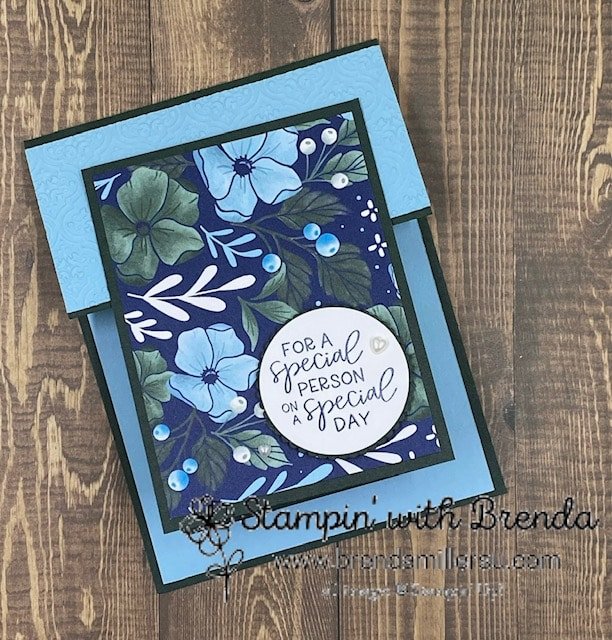 Evening Evergreen and Balmy Blue card with Fitting Florets DSP Fun Fold card