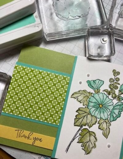 Beautifully Happy 2-step stamping card with Dandy Design dsp and blue flowers with green leaves