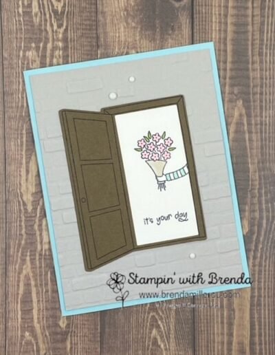 Warm Welcome door with flowers and it's your day message Pool Party with crumb cake brick background stampin' up!