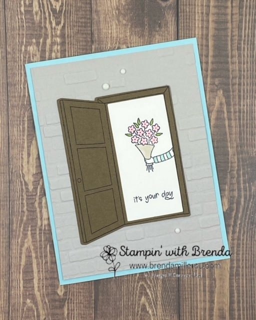Warm Welcome door with flowers and it's your day message Pool Party with crumb cake brick background stampin' up!