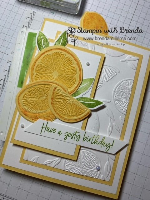So saffron card with white layers and lemons and leaves with "have a zesty birthday" sentiment