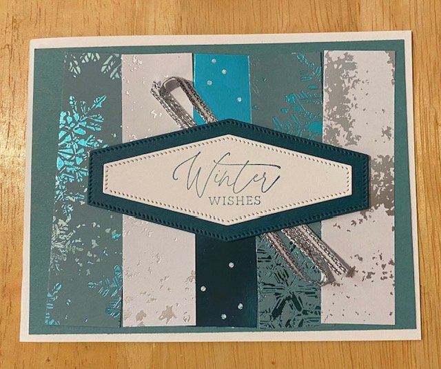 stampin' Up!'s Snowflake magic dsp strips on a lost lagoon background with Winter Wishes sentiment for christmas card