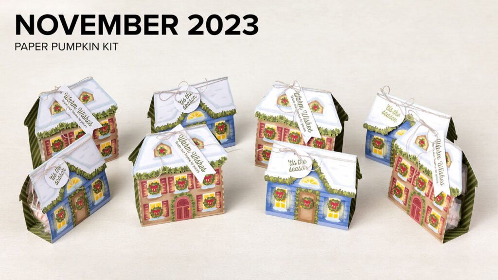 Stampin' Up! Paper PUmpkin Warm Wishes November 2023 kit treat boxes - little festive houses with cello bag in the middle and wreaths on the windows