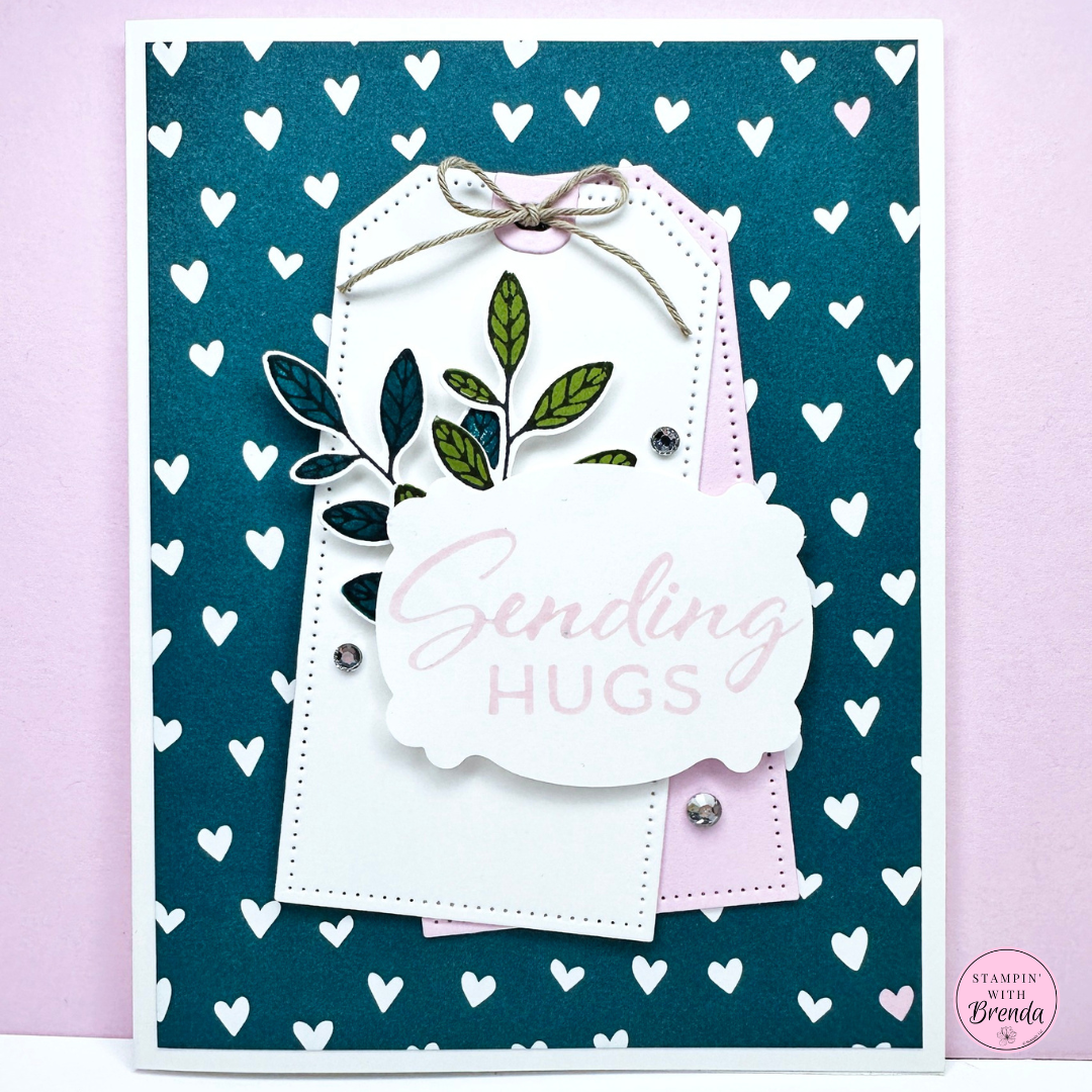 Stampin' Up! Sending Hugs card with heart background DSP and some leaves on tags, all made with Layering Leaves stamp set in pretty peacock and bubble bath and white