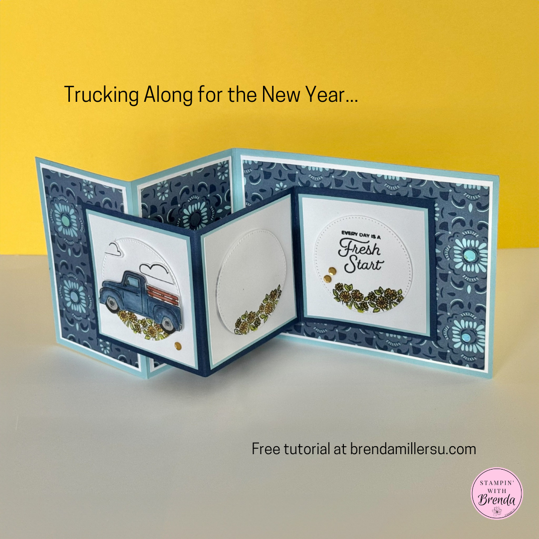 stampin' up! trucking along bundle blue double z fold card with white circles with new day sentiment