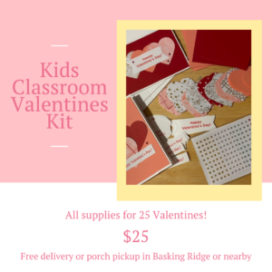 Photo of valentines kit supplies for 25 valentines for kids' classrooms. Pink and white background. Stampin' Up! supplies