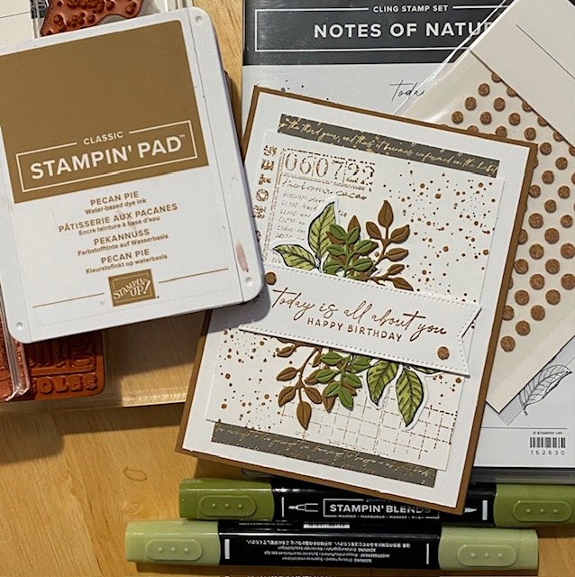 Stampin' Up! Notes of Nature bundle collage card in old olive and pecan pie with white for birthday with supplies in background