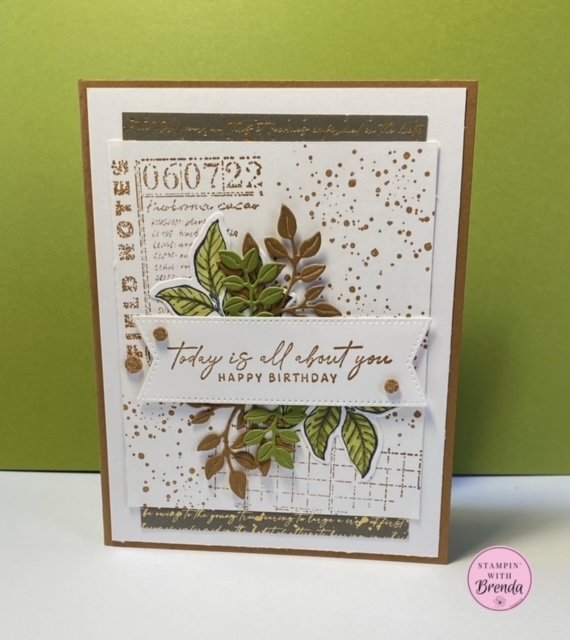 Stampin' Up! Notes of Nature bundle collage card in old olive and pecan pie with white for birthday