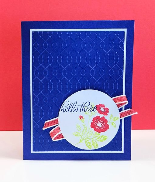 stampin' up! softly sophisticated bundle hello there card with starry sky embossed background and red ribbon behind red flowers