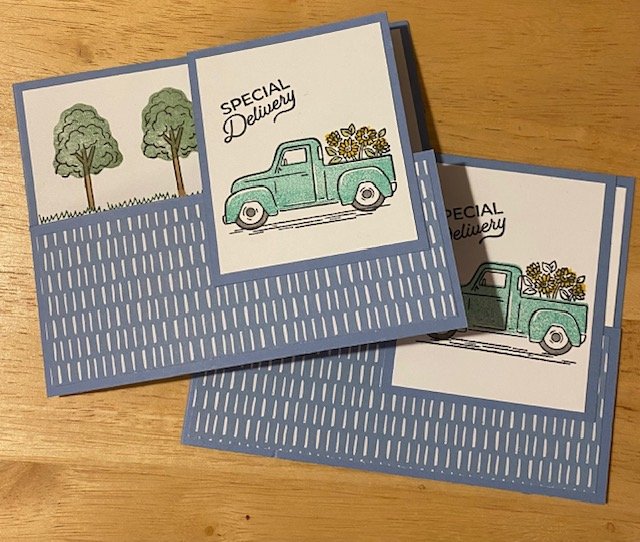 Stampin' Up! Trucking Along Barn door fun fold card - blue with trees and coastal cabana truck with sunflowers in the back