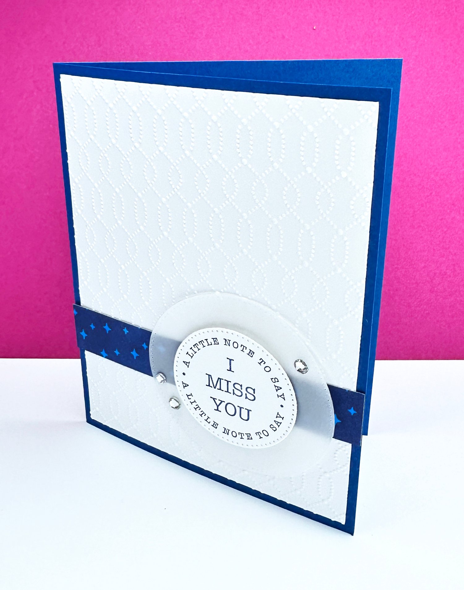 Stampin' UP! Softly Sophisticated bundle embossing folder Miss You card with circle. Mostly white with DSP accent
