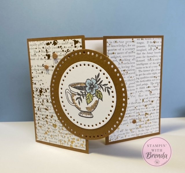 Stampin' Up! fun fold card using Nature's Sweetness DSP and Everyday Details dies in brown and white with a teacup on the front of the gatefold
