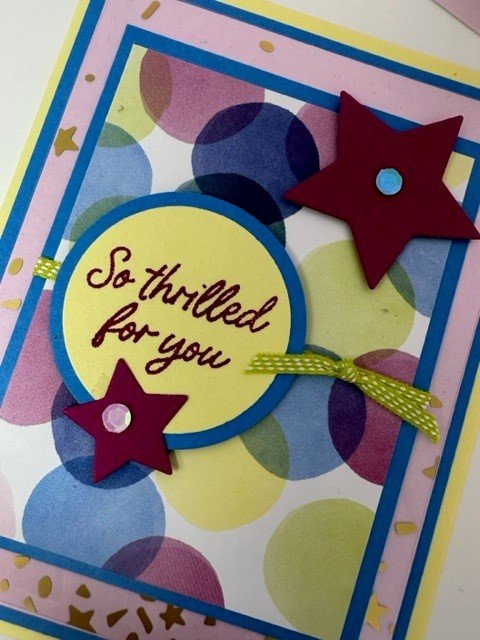 Stampin' Up! Bright & Beautiful Balloons DSP card, congratulations message, multi-colored circles and gold stars in background