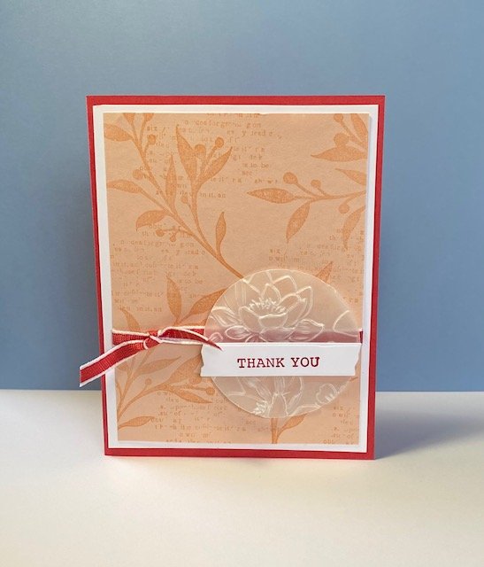 Stampin' Up! dry embossed vellum in sweet sorbet and petal pink, stamped tone-on-tone background with Gorgeously Made