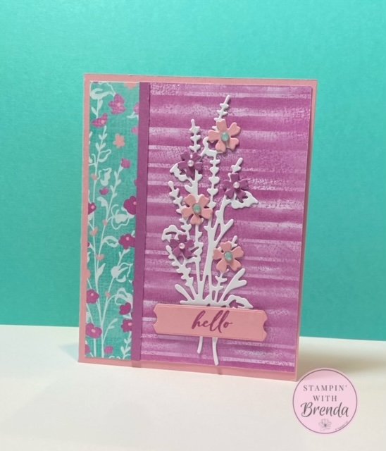 Stampin' Up! Flowers of Beauty with pinks, purples and summer splash with white and pink and purple flowers and a hello message