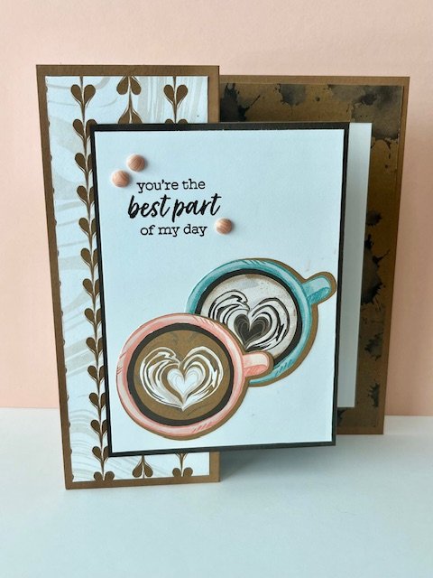 Stampin' Up! Latte Love brown and white card with two coffee mugs and sentiment with a fun fold