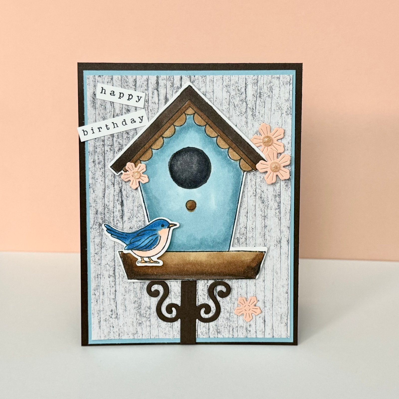Stampin' Up! birthday card with Country Birdhouse bundle and country woods dsp background with a little bluebird