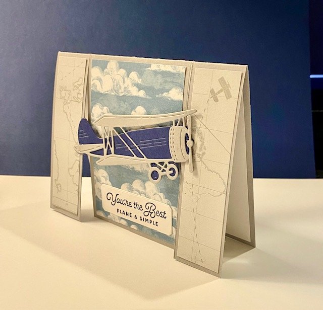 Stampin' Up! Take to the Sky fathers day card with airplane and fun fold with Adventurous Sky bundle built with die cut pieces in gray and navy
