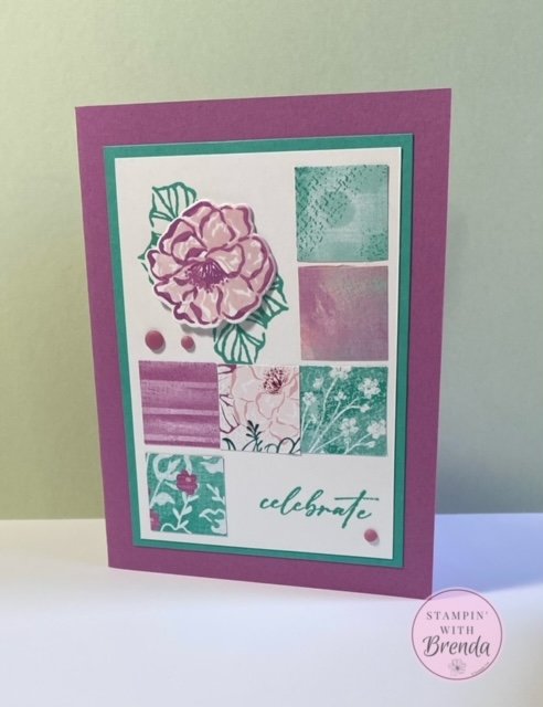 Flowers of Beauty Celebrate card with Petunia Pop and Summer Splash and Unbounded Beauty DSP squares placed in a partial grid