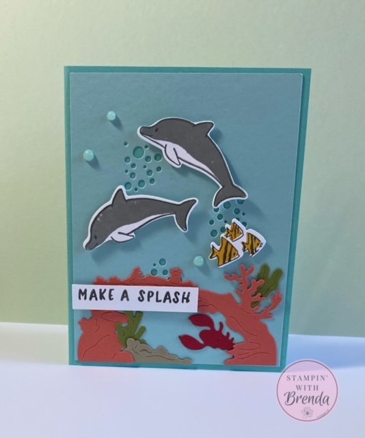 Stampin' Up! Friendly Fins dolphin card in blues with coral, seaweed and fish and a Make a Splash sentiment
