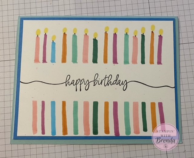 Stampin' Up! Sweetly Scripted with Template 9 - various colors of candles hand drawn with happy birthday script across center