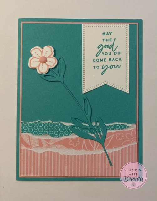 Stampin' Up! Summer Splash card with Sentimental Park flower and featuring torn strips of 2024-2026 In Color DSP at the bottom