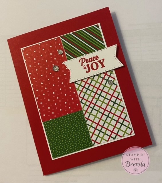 Stampin' Up! holiday DSP take a bow card in reds and greens, Greetings of the Season stamp Peace & Joy