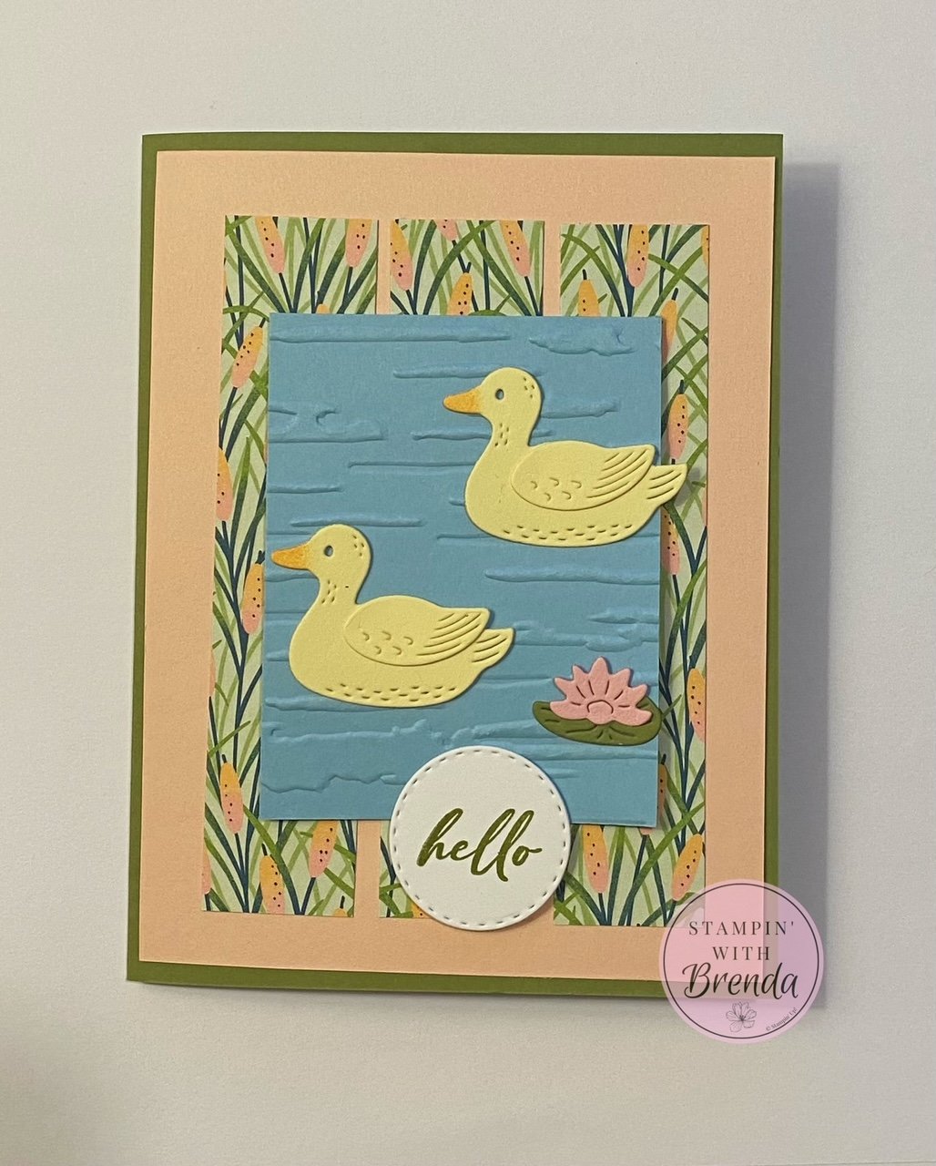 Stampin' Up! Lily Pond Lane using Template 17 with Charming Duck Pond bundle in green, blue, petal pink and two yellow ducks