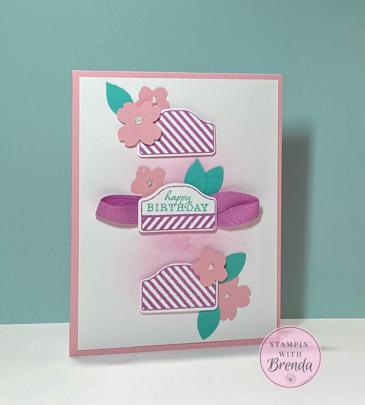 Stampin' Up! Keeping Tabs card with pinks and greens and flowers with happy birthday message.