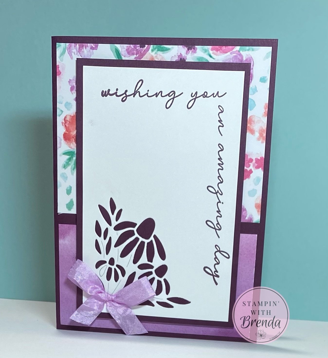 Stampin' Up! Spring Corners card in Blackberry Bliss and Bloom Impressions DSP with corner flower cut out