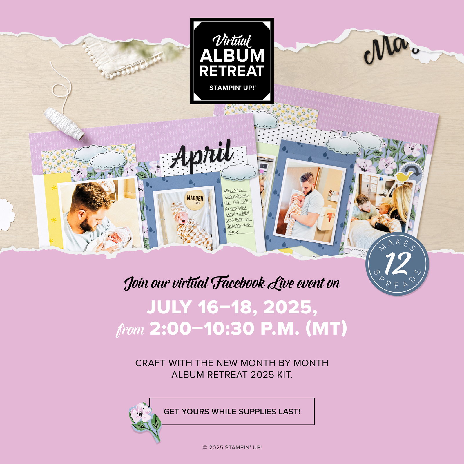 Stampin' Up! ad for virtual album retreat to create a 12 month scrapbook