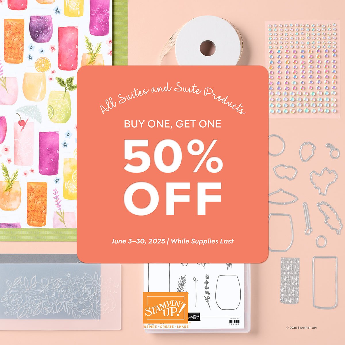 Stampin' Up! Suite Sale Buy One Get One 50% Off graphic showing the Celebratory Sips Suite in the backgroud