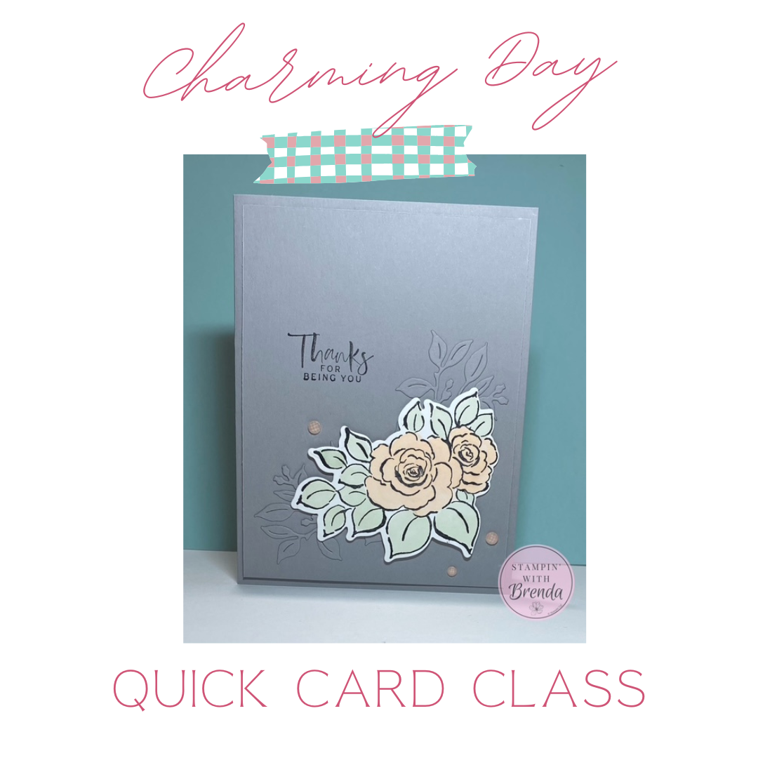 Stampin' Up! card with Charming Day bundle in grays, pinks and light green with Thanks for being you sentiment