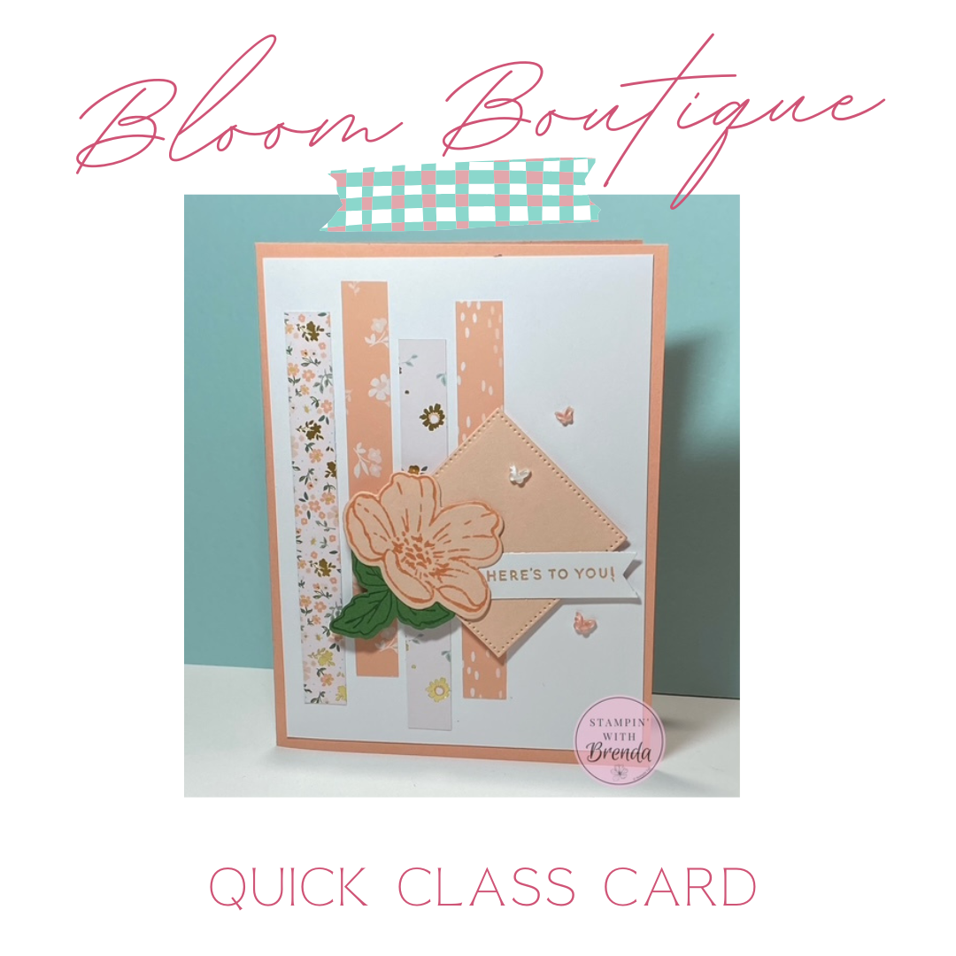 Stampin' Up! Boutique Blossoms card using the new DSP and paper strips with a floral focal point in Crisp Cantaloupe