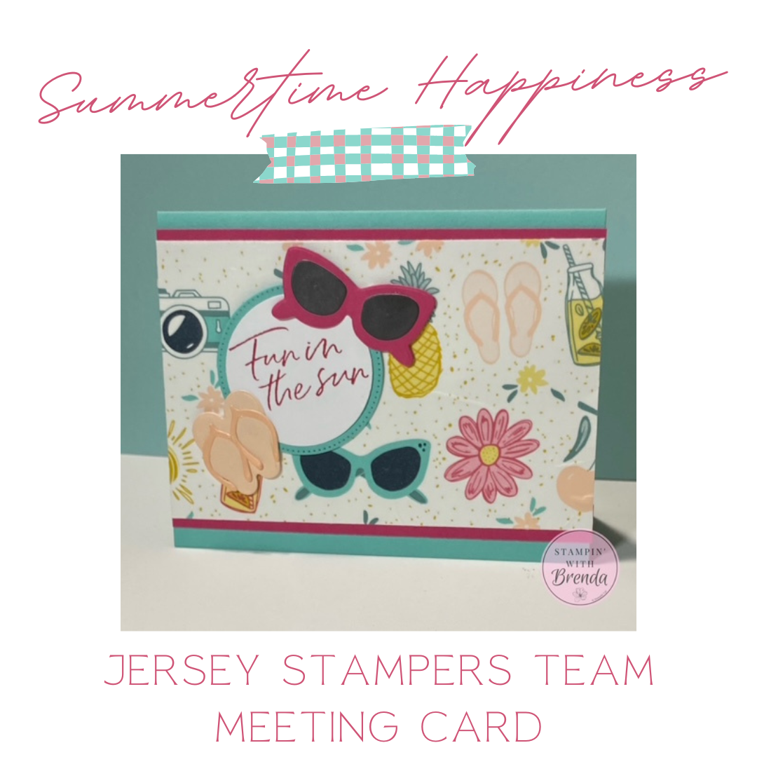 Handmade summer greeting card featuring the Stampin' Up! Summer Happiness Bundle. The Coastal Cabana card showcases colorful die-cut sunglasses, flip-flops, a pineapple, flowers, and a camera created from coordinating Summer Happiness Washi Tape. A circular "Fun in the Sun" sentiment is layered over the playful summer background with Strawberry Slush accents.
