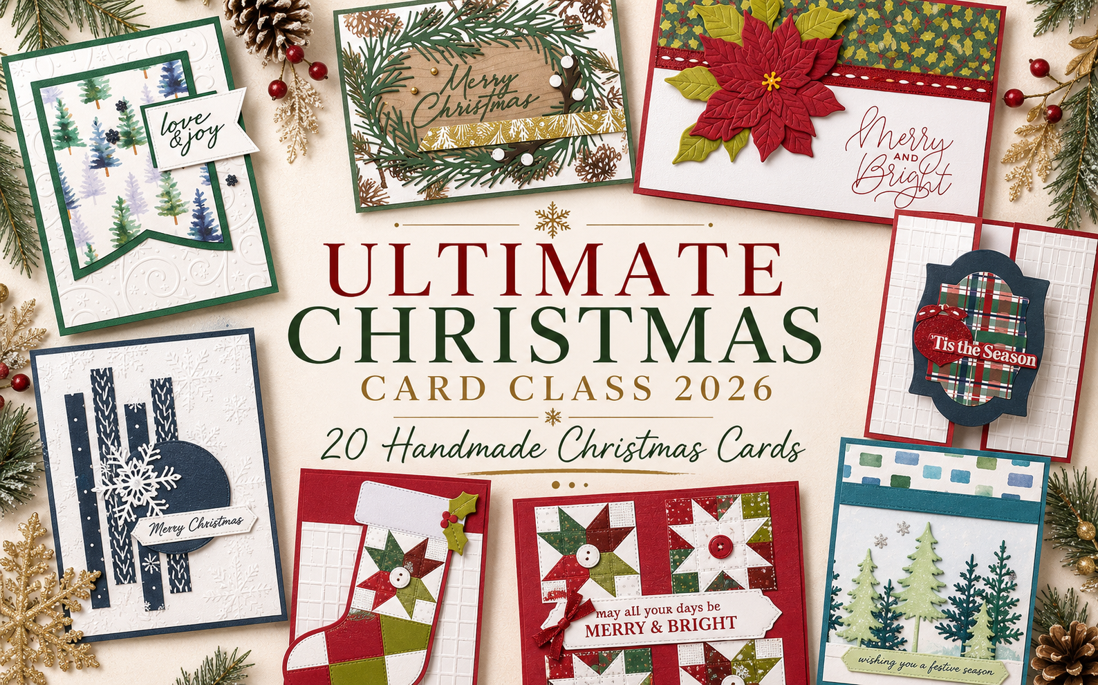 Ultimate Christmas Card Class 2026 featuring a preview of handmade Christmas card designs in traditional red and green, winter blues, poinsettias, snowflakes, trees and festive patterns.
