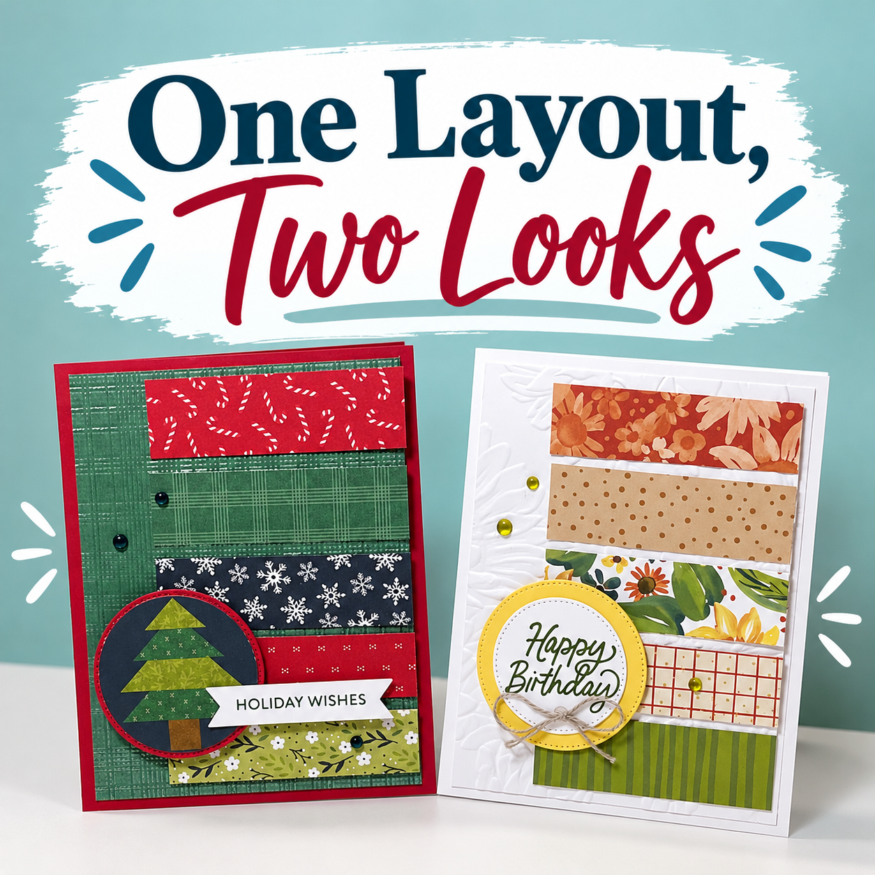 Christmas card layout featuring two handmade Stampin’ Up! cards using the same design with different looks. One features Stitched Season Designer Series Paper, a Christmas tree, and a Holiday Wishes greeting, while the other features colorful Sunflower Fields Designer Series Paper, an embossed background, and a Happy Birthday sentiment.